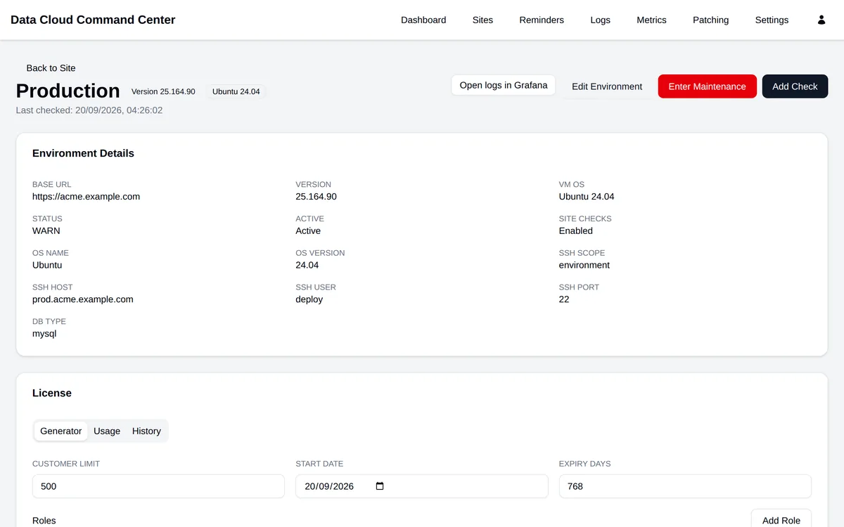 Environment page showing base URL, version, operating system, SSH host, user and port, database type, and a licence generator with customer limit and expiry fields