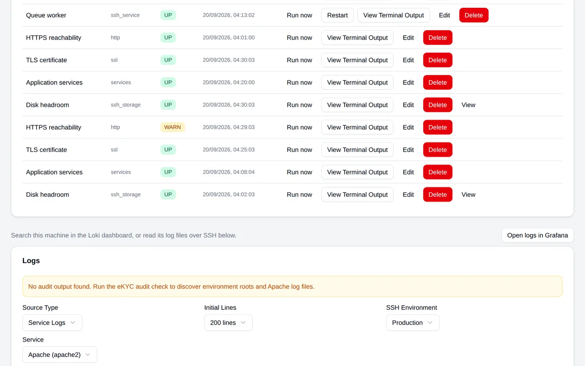 Site checks table with check name, type, status and last run time, each row offering run now, restart, terminal output, edit and delete, above a log reader panel