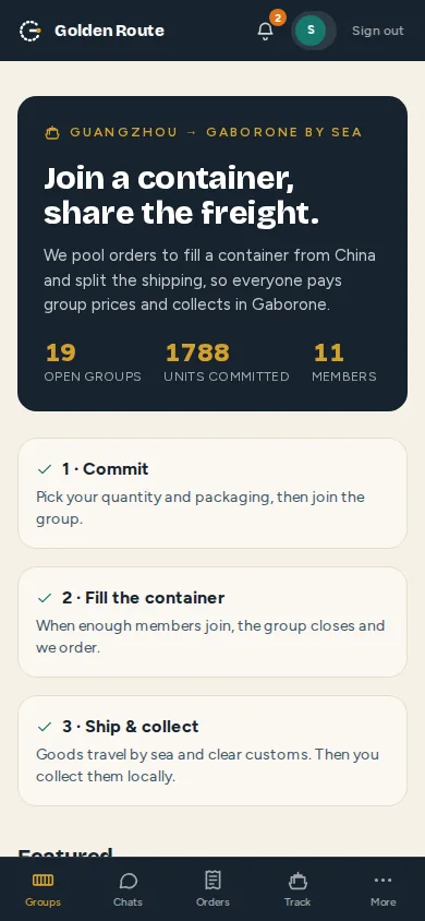 The same member home page on a phone-sized screen, with a bottom navigation bar for Groups, Chats, Orders and Track