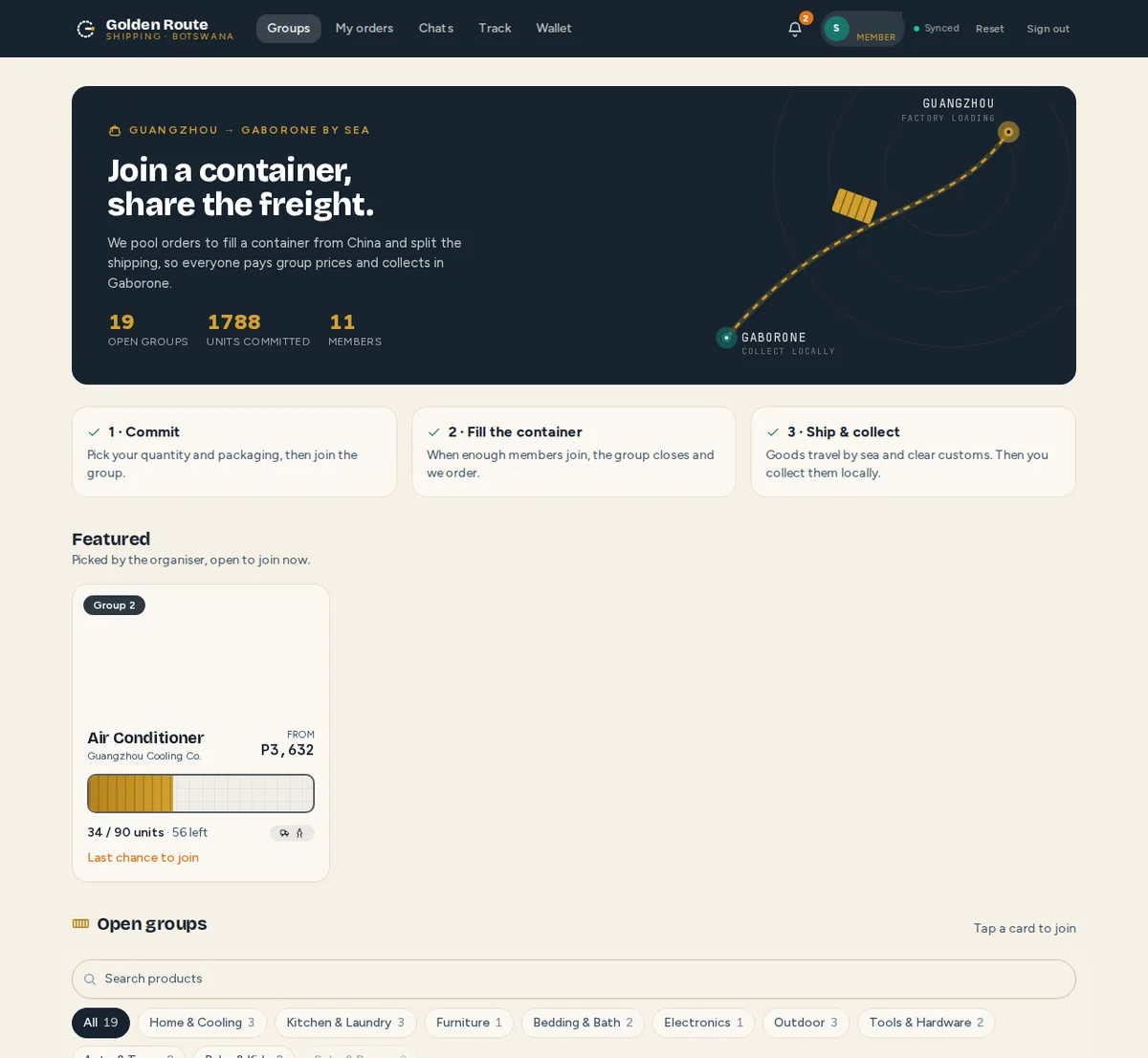 Member home page with a dark hero banner reading Join a container, share the freight, stats for open groups, units committed and members, and a product card with a fill progress bar