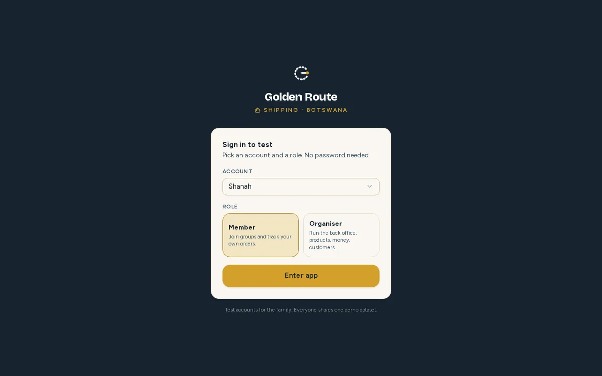 Golden Route sign-in card on a dark background, with an account picker and Member or Organiser role buttons