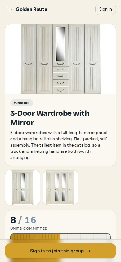 The same wardrobe product page on a phone, with a sticky Sign in to join this group button at the bottom