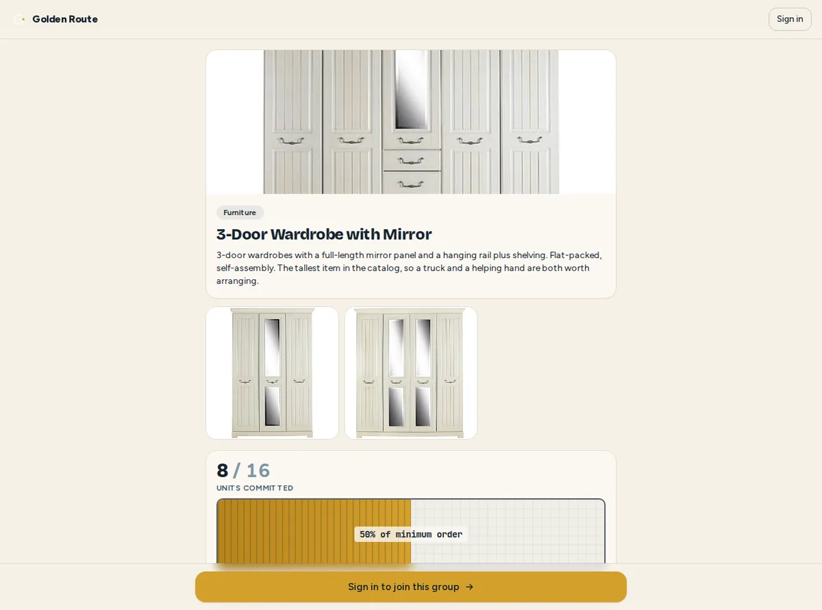 A 3-door wardrobe product page with photos, a description, and a progress bar reading 8 of 16 units committed, 50 percent of minimum order