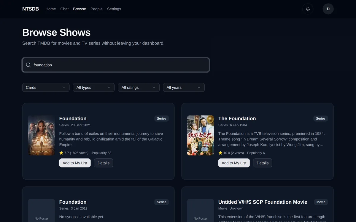 TMDB search results for the query foundation, each result showing poster, synopsis, rating and an add to list button