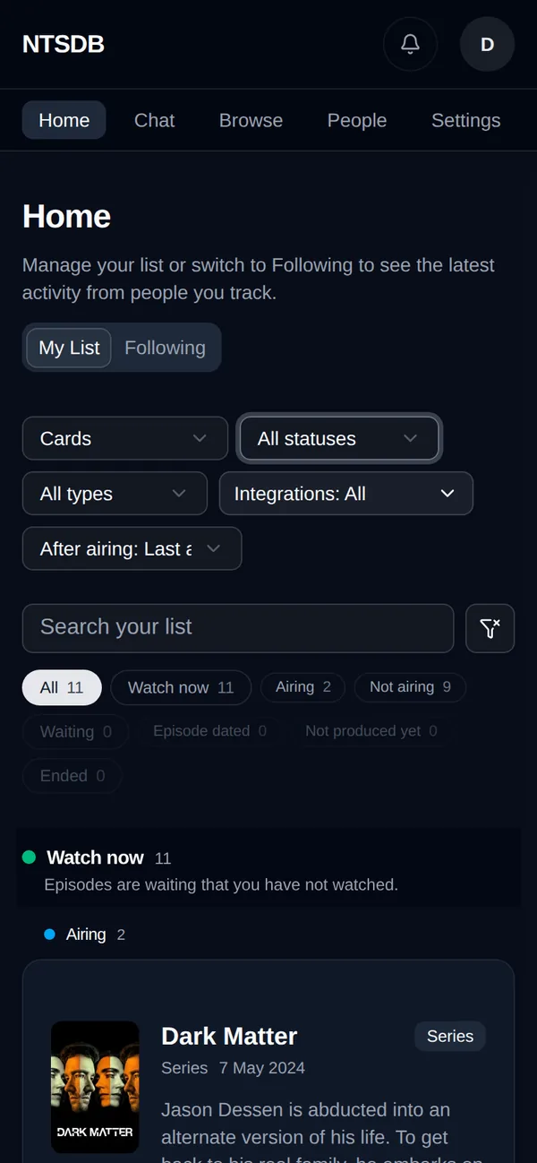 Tracked show list at phone width with stacked filters and the first show card
