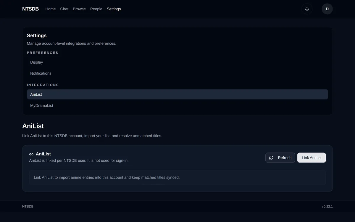 Settings page listing Display and Notifications preferences alongside AniList and MyDramaList integrations, with AniList unlinked