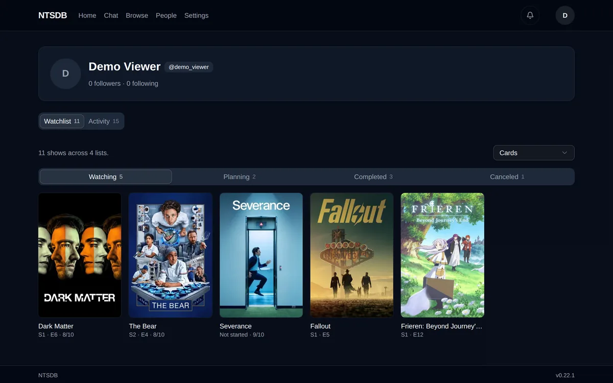 Public profile page with follower counts and a watchlist tabbed by Watching, Planning, Completed and Canceled