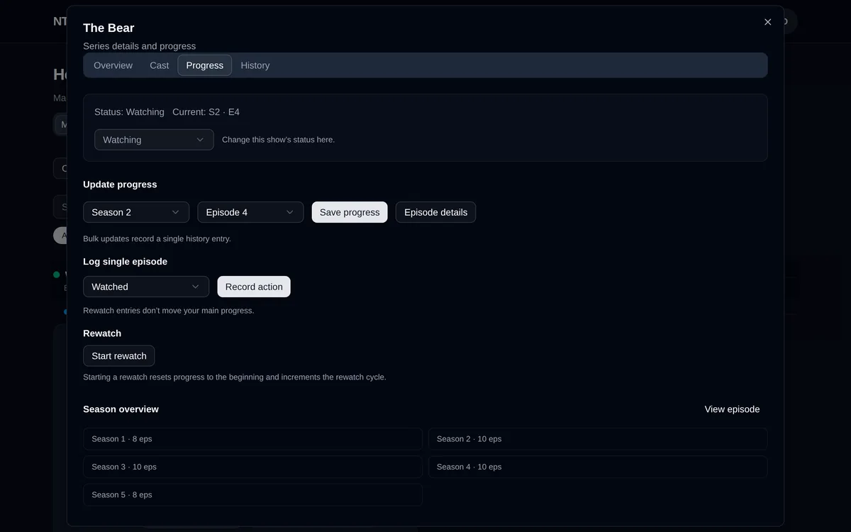 Progress tab of the show dialog with season and episode selectors, a single episode log action and a rewatch control