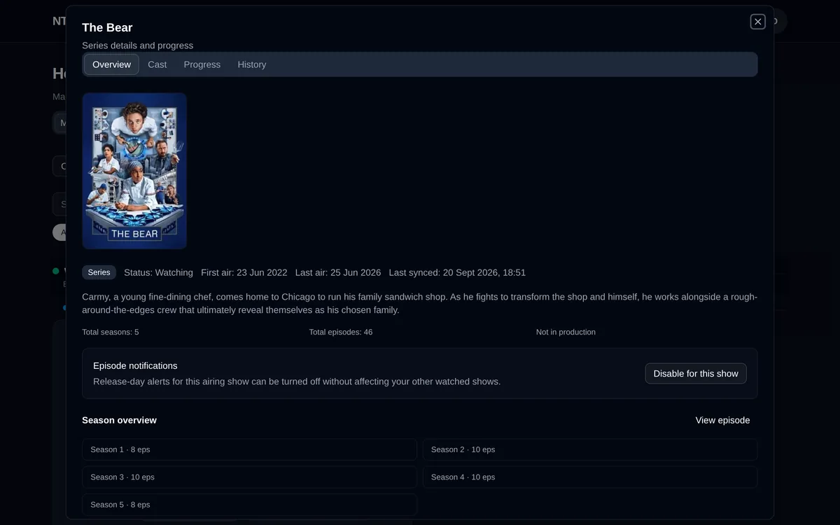 Show detail dialog for a series showing status, air dates, episode counts, notification toggle and a season list