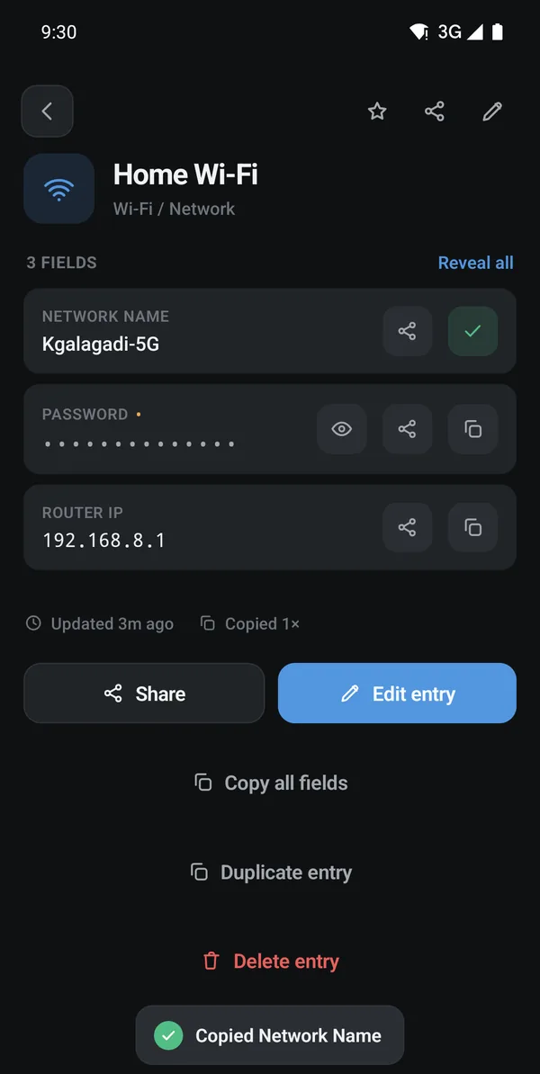 The same Wi-Fi entry after a field copy, with a green tick on the copy button, a Copied Network Name toast and the copy count reading once