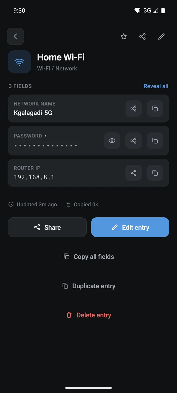 Home Wi-Fi entry showing network name and router IP in plain text and the password masked behind dots with a reveal button