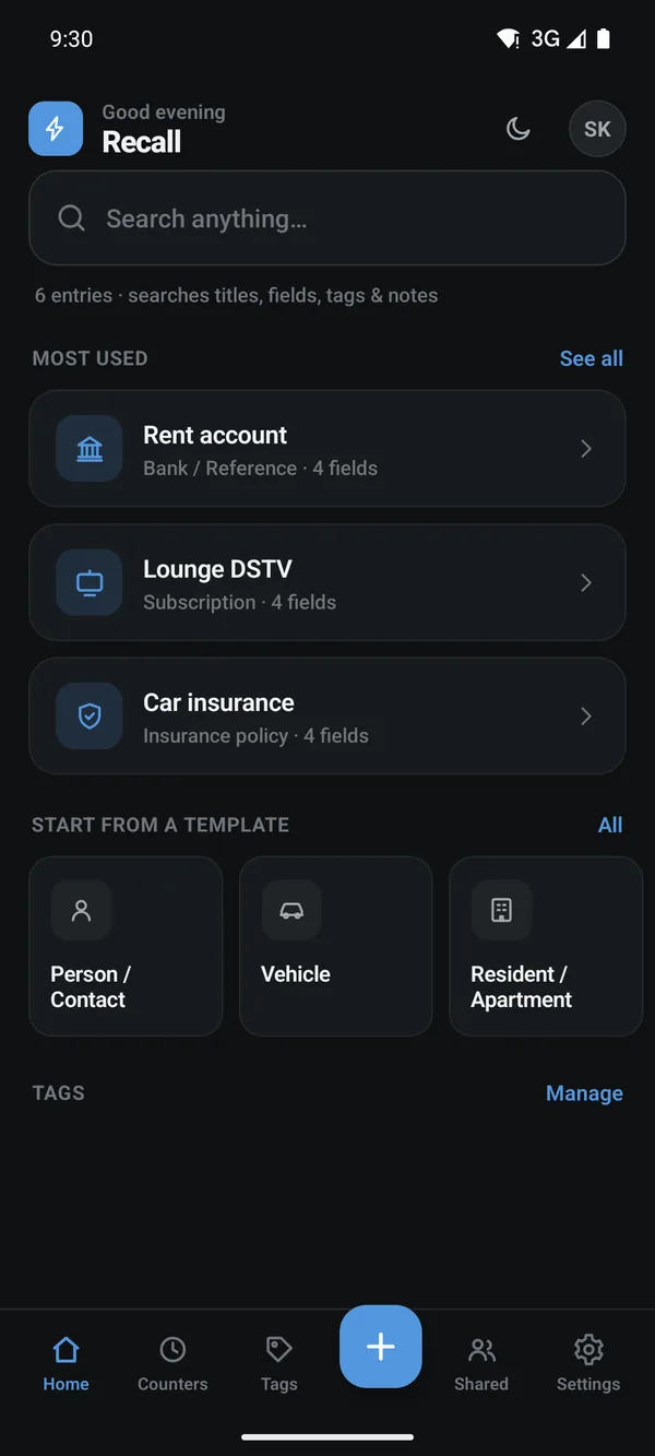 Recall home screen with a search box, a six entry count and a Most Used list holding Rent account, Lounge DSTV and Car insurance