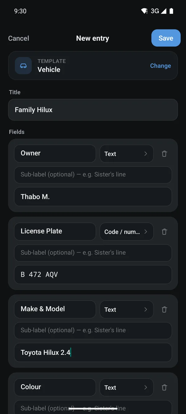 New entry form on the Vehicle template with Owner, License Plate and Make and Model filled in, each field showing its own type selector