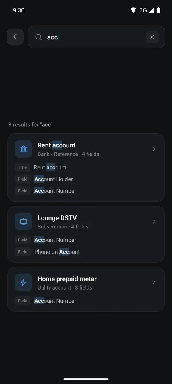 Search results for the query acc, three entries listed with the matching title and field names highlighted