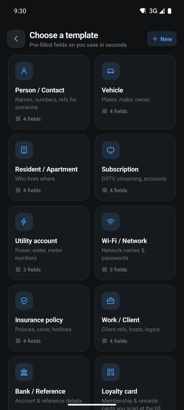 Template chooser listing Person, Vehicle, Resident, Subscription, Utility account, Wi-Fi, Insurance policy, Work and Bank templates with field counts