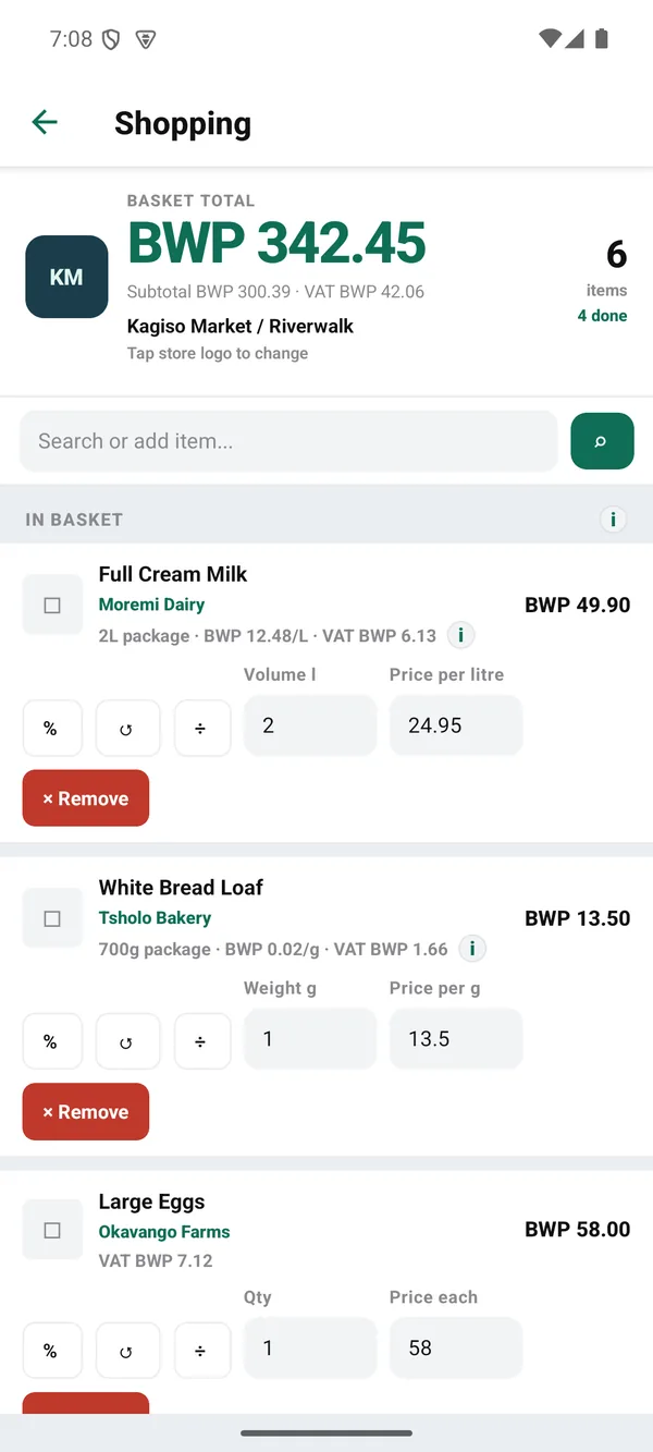 In-store basket listing milk, bread and eggs with a quantity field, a unit price field and a per line VAT amount on each row