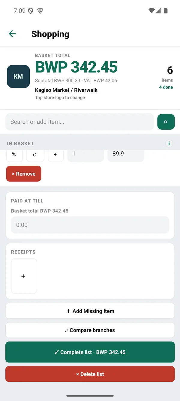 Bottom of the basket screen with a paid at till field, a receipt photo slot, and buttons to compare branches or complete the list