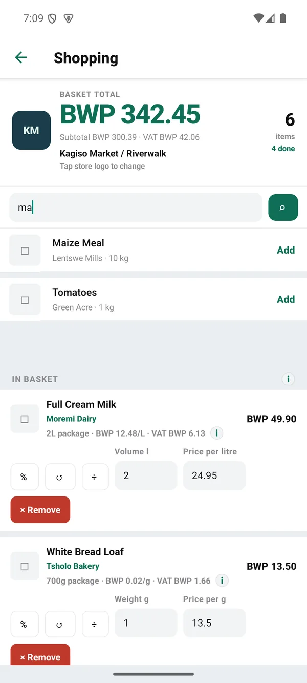 Basket screen with the search box holding the text ma and two matching products offered with an Add action