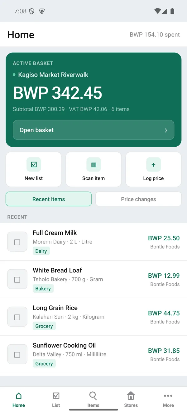 Home screen with a green active basket card showing BWP 342.45, subtotal, VAT and item count, above a list of recently priced products