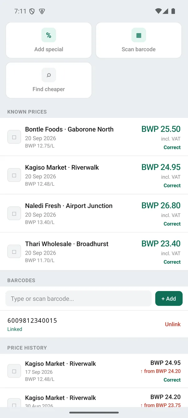 Product page listing four branch prices for full cream milk with per litre unit prices, a linked EAN barcode, and dated price history entries showing old and new prices