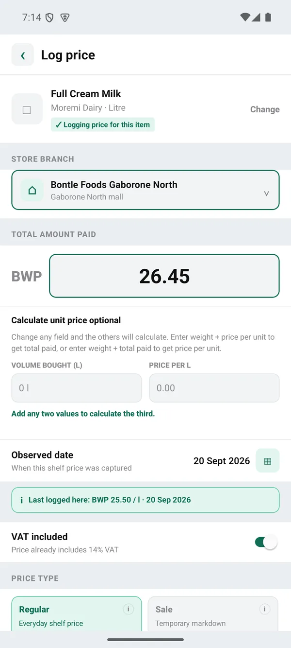 Log price form with a chosen product, a branch selector, a total paid field reading 26.45, a VAT included toggle set to 14 percent, and a note of the last price logged at that branch