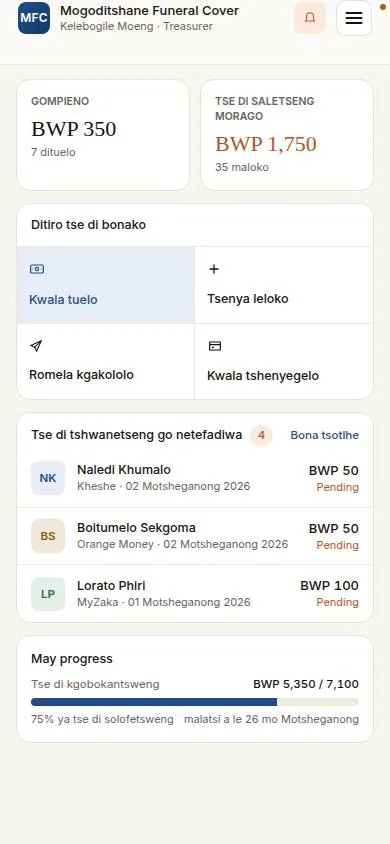 Committee dashboard at 390 pixels wide in Setswana with two figures, quick actions, a list of payments awaiting verification and a monthly progress bar