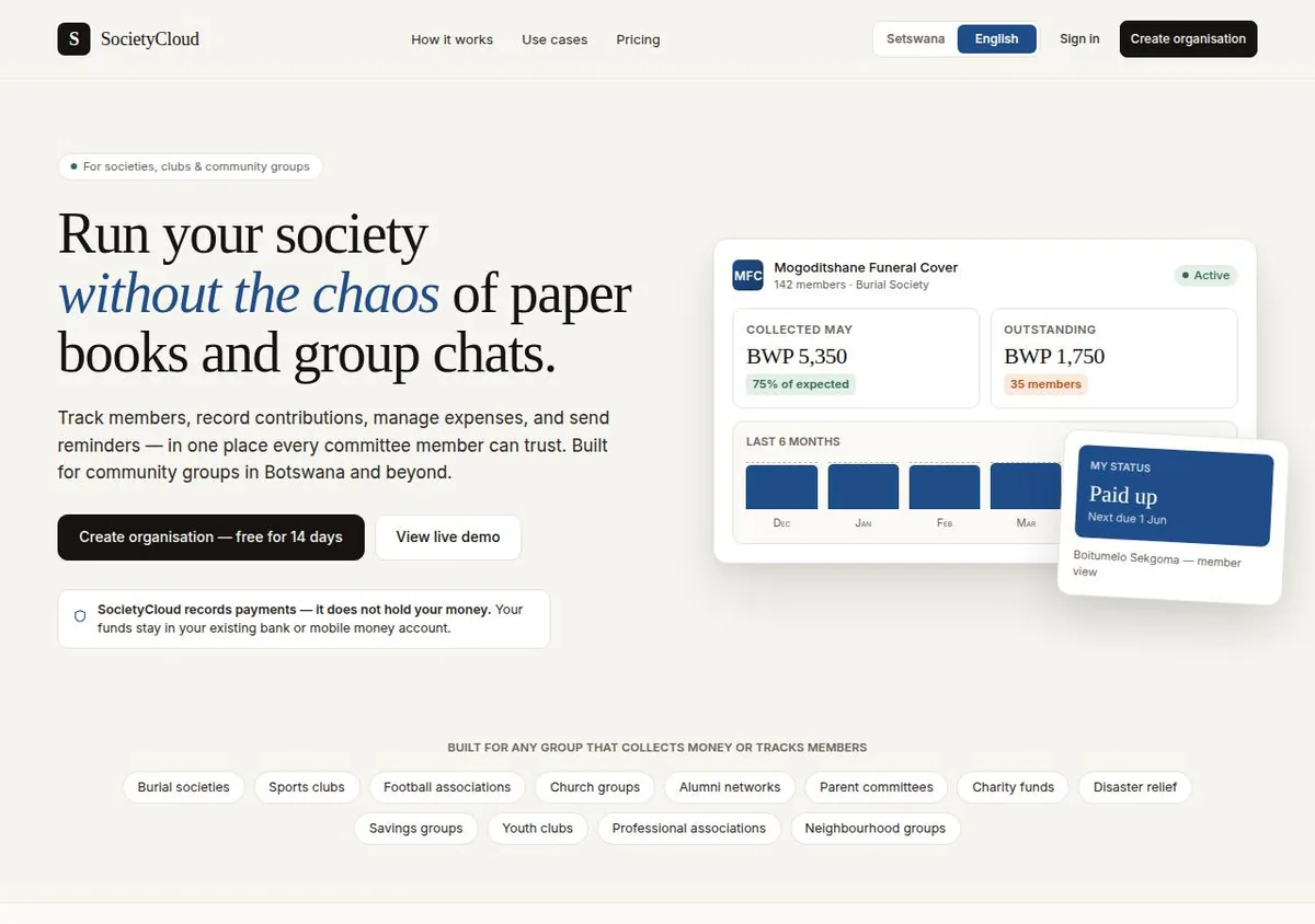 SocietyCloud landing page in English with a headline about running a society without paper books and group chats, a sample society card showing collected and outstanding amounts, and a row of group types