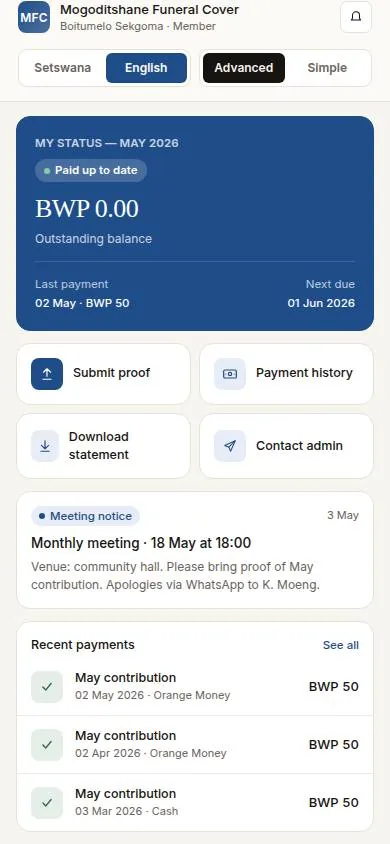 Member view at 390 pixels wide showing a paid up to date status card, four action buttons, a meeting notice and a list of recent payments