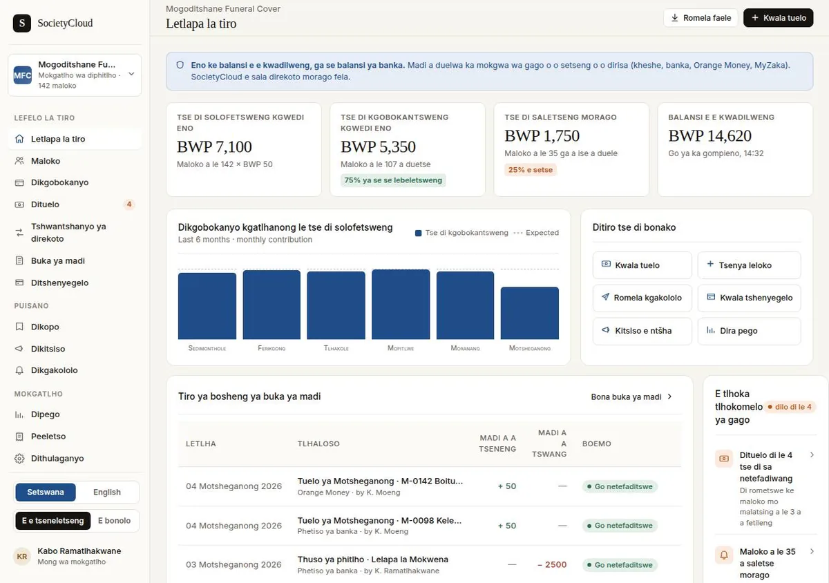 The same dashboard after switching to Setswana, with the navigation, headings, table column names and status labels translated