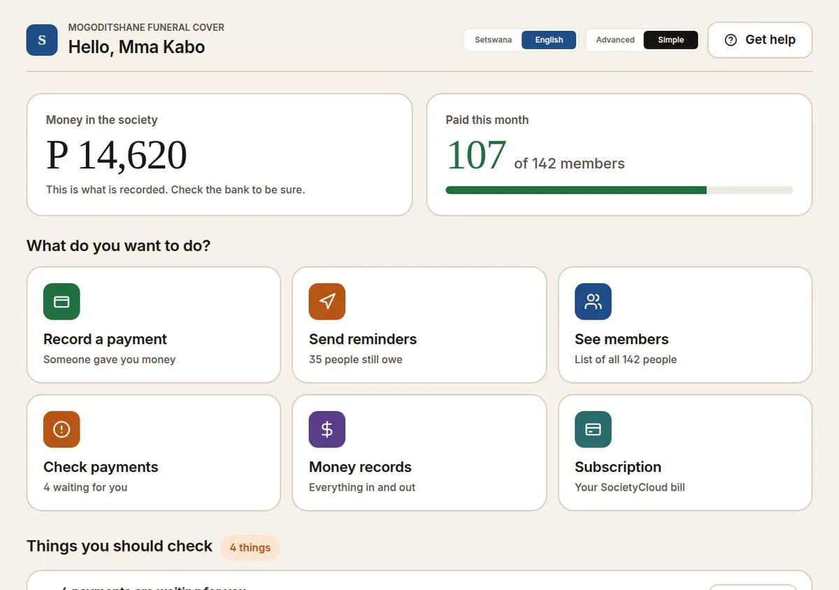 Simple mode dashboard in English with two large figures and six large task tiles reading record a payment, send reminders, see members, check payments, money records and subscription